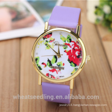 fashion casual soft genuine leather band rose folwer dial geneva women watches